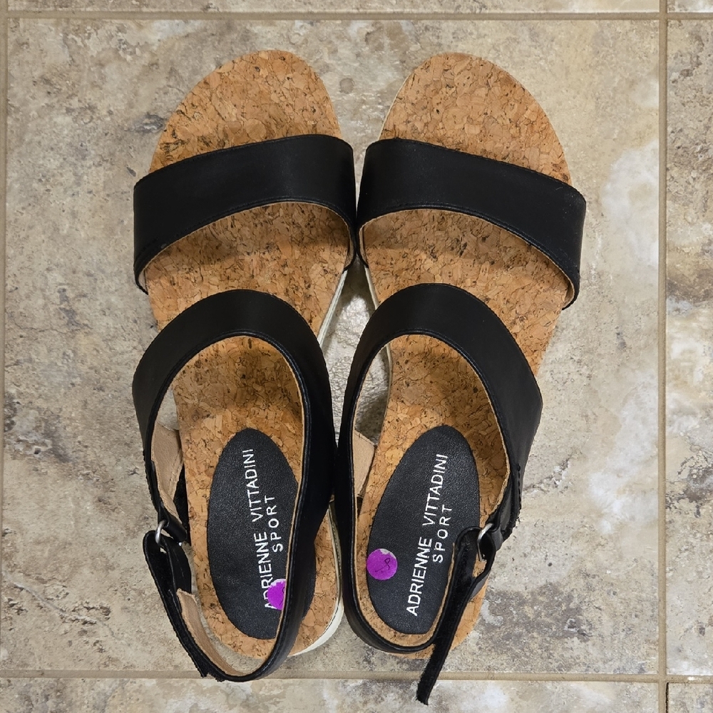 2/$20 Adrienne Vittadini Black Cork Sandals, Size 8